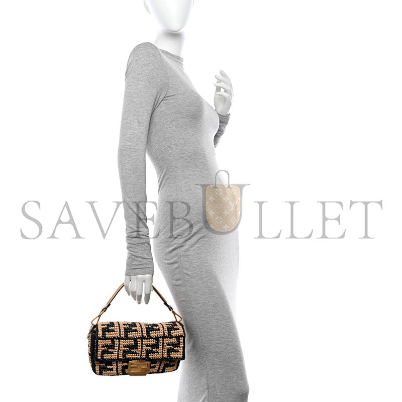 F**di raffia vitello grace ff crochet baguette natural black paglia (27*15*6cm)